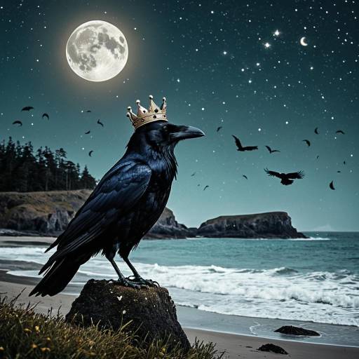 Raven with Crown on Beach at Night