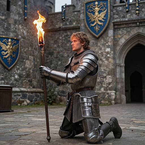 Knight in silver armor kneels, holding a flaming torch, in front of a medieval stone castle with blue and gold shields. Photorealistic photograph.