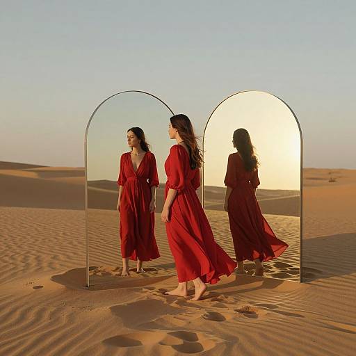 Photograph of a woman with long dark hair in a flowing red dress walking through a desert, mirrored reflections, sunset, dunes.