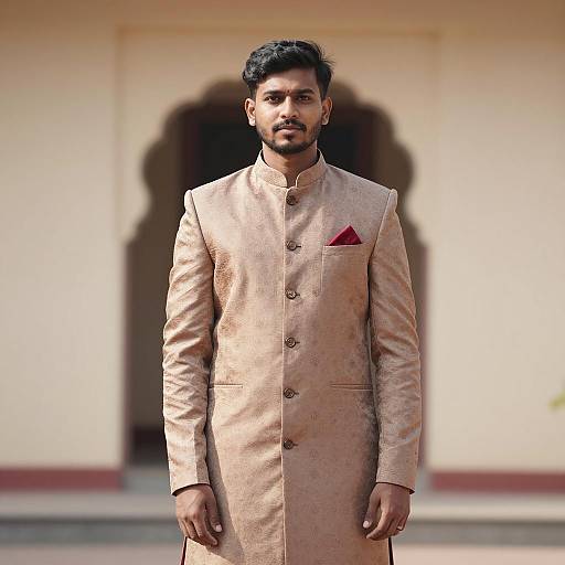 Young Indian Man in Printed Bandhgala Suit