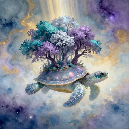 Digital fantasy art of a glowing turtle with a tree and flowers on its back, floating in a cosmic, colorful nebula.