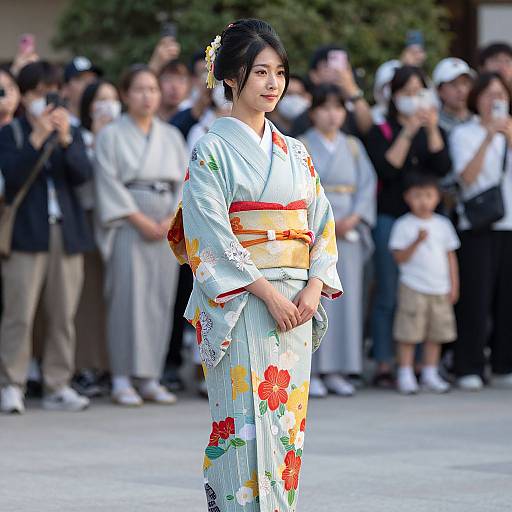Photograph of an Asian woman in a white floral kimono with yellow and red obi, standing in a crowd, wearing a hairpin, with