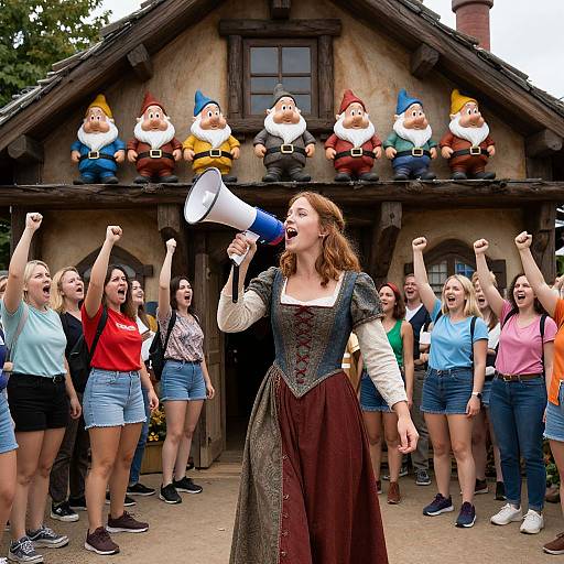 Photograph of a woman in a Renaissance dress, shouting into a megaphone, surrounded by cheering women in casual clothes, in front of a rustic