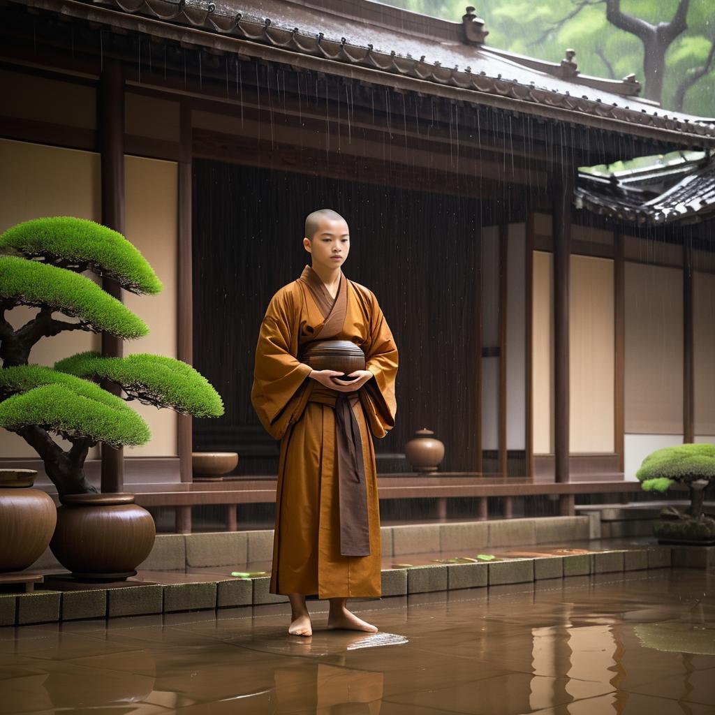 Serene Monk Practicing in Gentle Rain