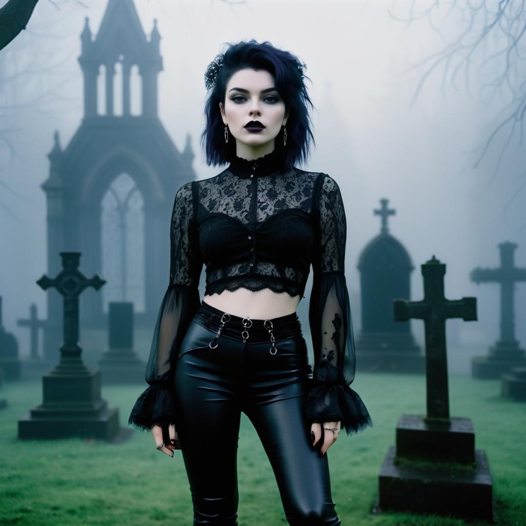 Rebellious Goth Girl in Misty Graveyard