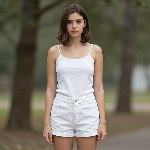 Photograph of a young woman with straight brown hair, wearing a white tank top and white shorts, standing in a blurred outdoor park.