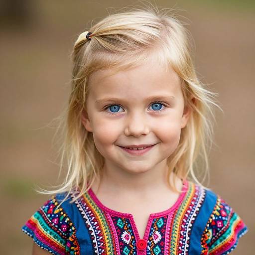 Photograph of a smiling blonde girl with blue eyes, wearing a colorful, embroidered blouse, set against a blurred outdoor background.