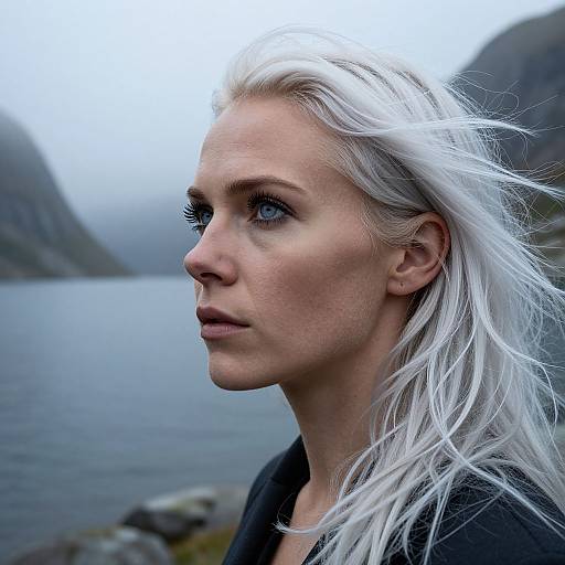 Photograph of a white-haired Caucasian woman with blue eyes, serious expression, gazing into the distance, beside a foggy, mountainous lake.