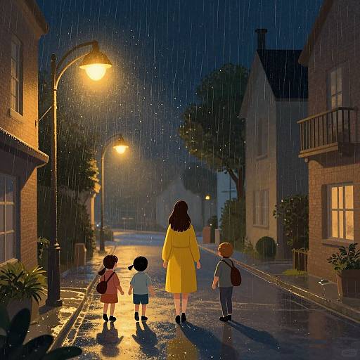 Digital illustration of three children, a girl in a yellow coat and two boys, walking in a rainy, lit street at night. Warm streetlights cast