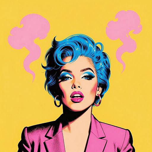 Digital pop art portrait of a blue-haired woman with vibrant pink lipstick, hoop earrings, pink blazer, yellow background, and pink smoke clouds.