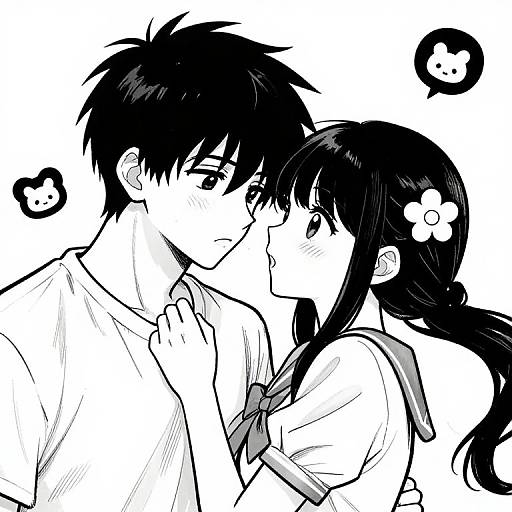 Black-and-white manga-style drawing of a shy couple with short, dark hair and school uniforms, girl with flower hairpin, touching noses.
