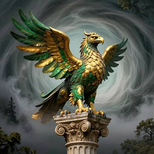 Digital art of a gold and green mythical eagle with outstretched wings, perched on an ornate column, against a swirling stormy sky background