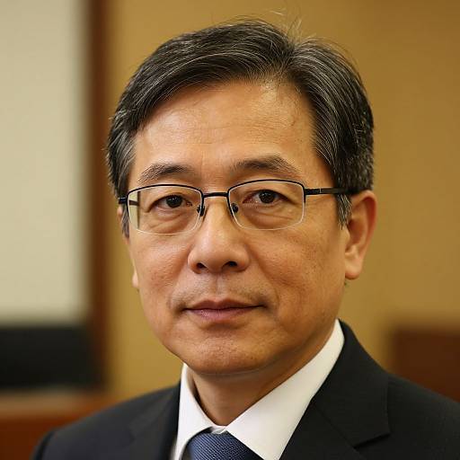 Close-up photograph of an Asian man with short black hair, glasses, and a serious expression, wearing a black suit and tie, against a blurred beige