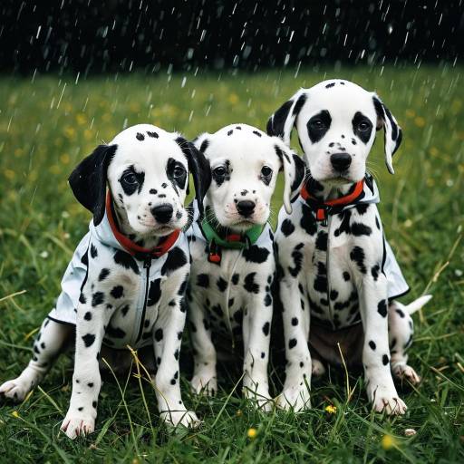 Three Dalmatian Puppies in Raincoats Sitting on Grass