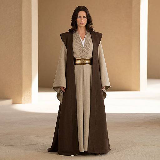 Photograph of a dark-haired woman in a beige and brown Jedi-like robe with gold bands, standing in a sunlit, beige-walled room.
