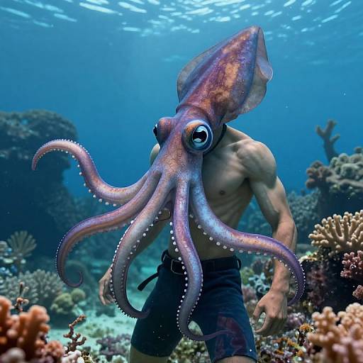 Photograph of a shirtless, muscular man underwater, wearing black shorts, with a large, purple octopus head, surrounded by colorful coral reefs.