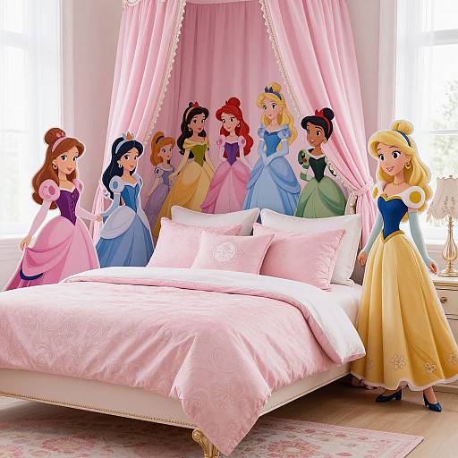 Disney princesses stand in a pastel pink bedroom with a canopy bed, pink curtains, and matching pillows, featuring Belle, Jasmine, Ariel, Snow