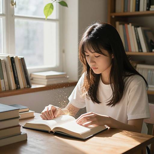 Photograph of an Asian woman with long black hair, wearing a white t-shirt, reading a book at a sunlit wooden table, surrounded by books