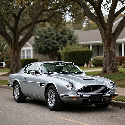 Photograph of a sleek, silver classic muscle car with a hood scoop, parked on a suburban street, surrounded by trees and houses.