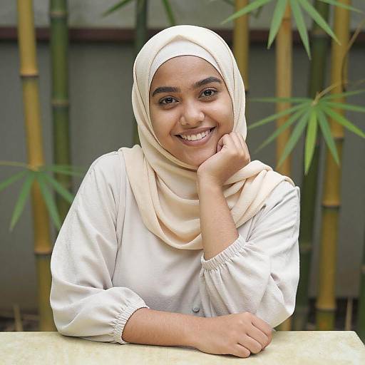 Smiling Woman in Beige Hijab Among Bamboo