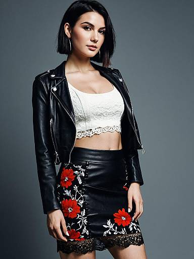 Edgy Fashion Portrait of Woman in Floral Skirt and Leather Jacket