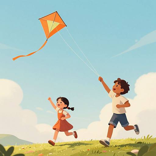 Children Flying Orange Kites Joyfully