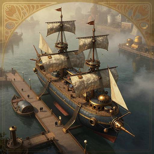 Art Nouveau Steampunk Airship Over Harbor