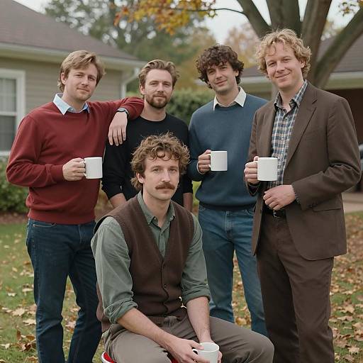 Group of Men Holding Mugs Outdoors