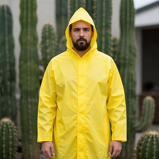 Photograph of a bearded man with a serious expression, wearing a bright yellow raincoat, standing in front of tall, green cacti.