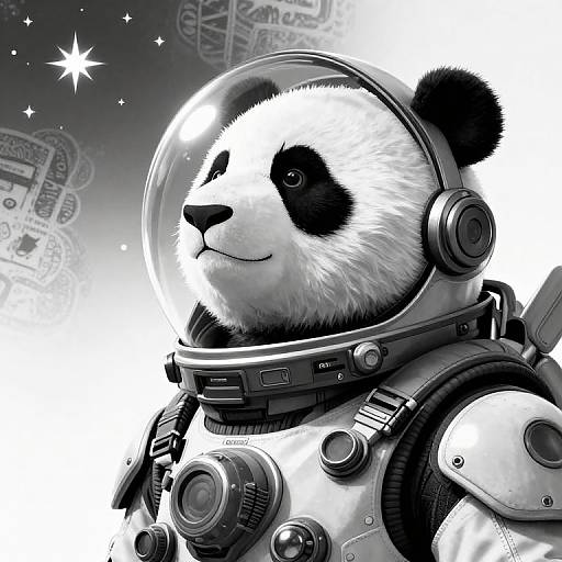 Digital illustration of a panda in a detailed, metallic astronaut suit with a clear helmet, set against a starry, monochromatic space background.