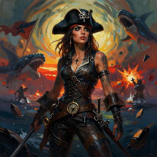 Cursed Privateer Captain Amidst Kraken Battle