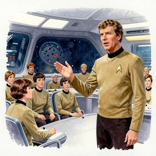 Illustration of Star Trek crew in 1960s-style uniforms, led by a male captain gesturing in a spaceship's control room.