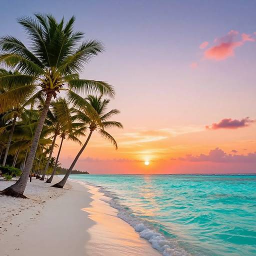 Photograph of a tropical beach at sunset, featuring turquoise waters, white sand, leaning palm trees, and a vibrant orange-pink sky.