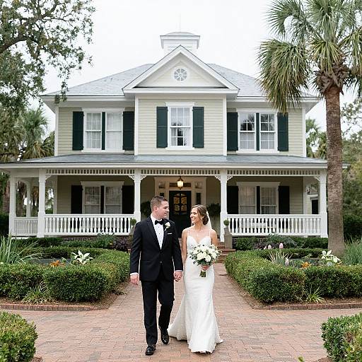Photograph of a bride in a strapless white gown and groom in a black tuxedo walking hand-in-hand on a brick path towards a charming
