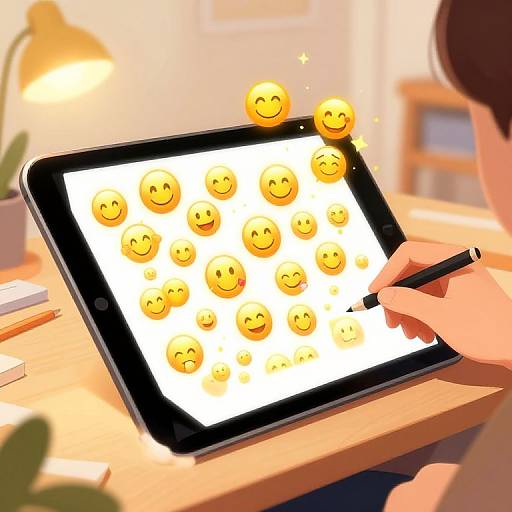 Digital illustration of a person drawing smiley faces on a tablet, with three smiley faces floating above the screen. Warm, sunlit room with p