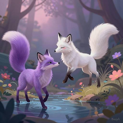 Digital Illustration of Two Colorful Foxes in Magical Forest