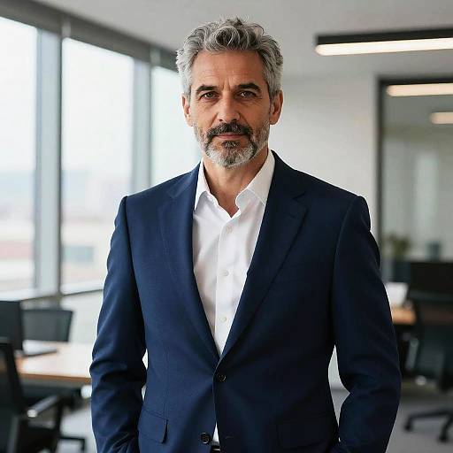 Photograph of a middle-aged man with gray hair and beard, wearing a dark blue suit and white shirt, standing in a bright, modern office with