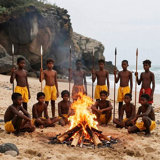 Dynamic Beach Scene with Young Warriors