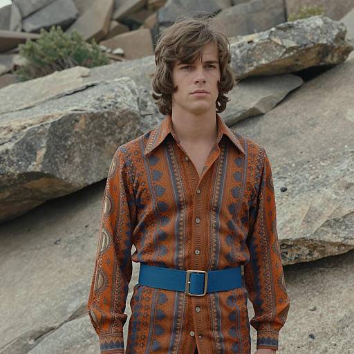 Young Man in 1970s Vintage Shirt Outdoors