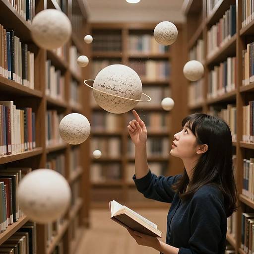Photograph of an Asian woman with black hair, wearing a black sweater, in a library, levitating white, music-note-covered spheres while holding an