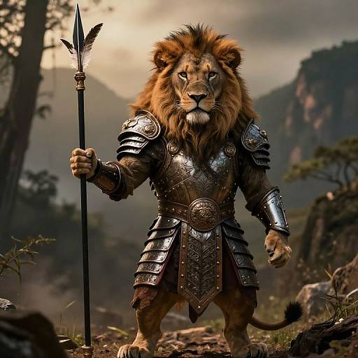 Photorealistic CGI: Majestic lion warrior in detailed, metallic armor holding a spear, standing in a misty, mountainous forest. Lion's