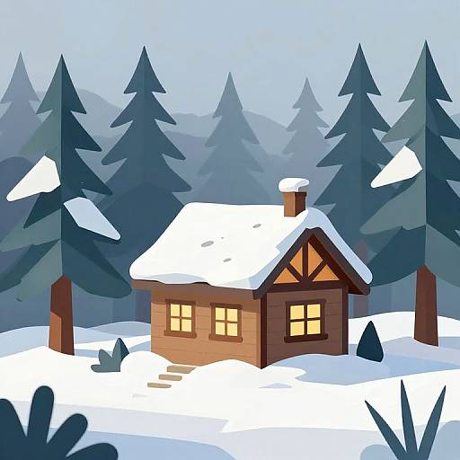 Digital illustration of a small wooden cabin with a snow-covered roof, surrounded by dark blue pine trees in a snowy landscape. Warm yellow lights glow from two