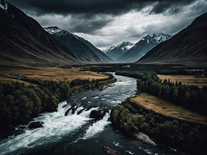 Mysterious Dark Landscape with River