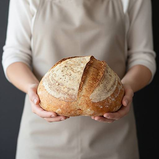 Photograph of a person in a white apron holding a round, crusty loaf of bread with a large slice removed, against a dark background.