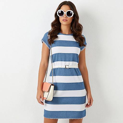Photograph of a woman with wavy brown hair, wearing white-rimmed round sunglasses, a blue and white striped dress, white belt, and