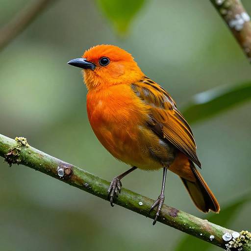 Photograph of a vibrant orange-red male red-crested cardinal bird perched on a lichen-covered branch, with a blurred green background.