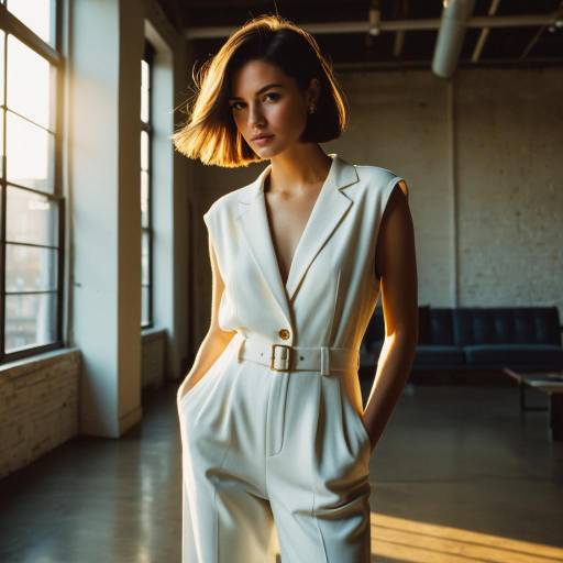 Fashion Model with Classic Bob Hairstyle in Elegant Jumpsuit