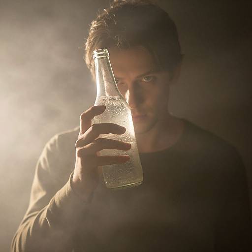 Photograph of a man with short brown hair, wearing a dark shirt, holding a foggy glass bottle, illuminated by a bright light source, creating