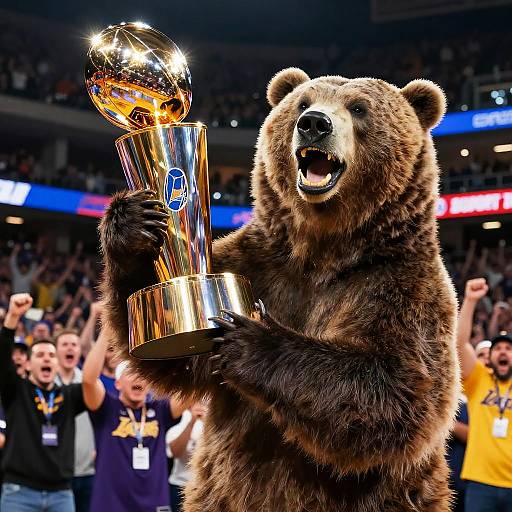 Photograph of a costumed brown bear holding a shiny, golden Super Bowl trophy, amidst cheering crowd in a stadium.