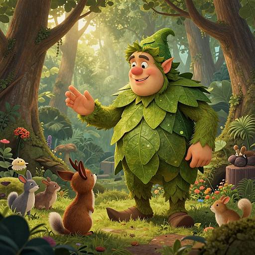 Whimsical forest scene: green leaf-armored fairy-like creature with a cheerful expression, surrounded by rabbits and squirrels, sunlight filtering through trees.